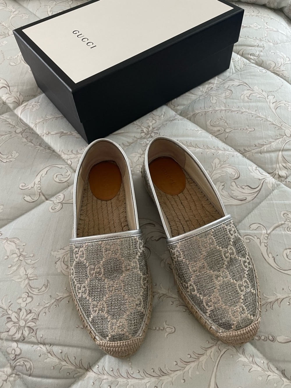 Gucci Silver/Beige Monogram Espadrilles
